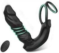 Masseur prostatique, équipé d'un plug anal en silicone à double anneau et d'un gode intégré - vibromasseur - sextoy