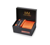 Massi Morino Cravatta Arancione e Fazzoletto da Uomo con Gemelli e Fermacravatta, Parure Set | Accessori Sposa | Cravatta Elegante con Confezione Regalo