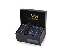 Massi Morino Cravatta Blu Scuro a Puntini e Fazzoletto da Uomo con Gemelli e Fermacravatta, Parure Set | Accessori Sposa | Cravatta Elegante con Confezione Regalo