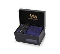 Massi Morino Cravatta Blu Scuro a Quadri e Fazzoletto da Uomo con Gemelli e Fermacravatta, Parure Set | Accessori Sposa | Cravatta Elegante con Confezione Regalo