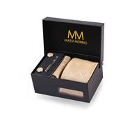 Massi Morino Cravatta Champagne a Quadri e Fazzoletto da Uomo con Gemelli e Fermacravatta, Parure Set | Accessori Sposa | Cravatta Elegante con Confezione Regalo