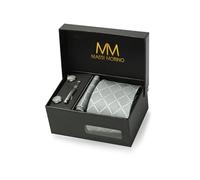 Massi Morino Cravatta Grigia a Quadri e Fazzoletto da Uomo con Gemelli e Fermacravatta, Parure Set | Accessori Sposa | Cravatta Elegante con Confezione Regalo