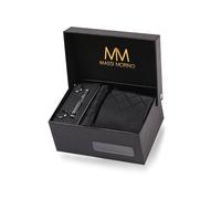 Massi Morino Cravatta Nera a Quadri e Fazzoletto da Uomo con Gemelli e Fermacravatta, Parure Set | Accessori Sposa | Cravatta Elegante con Confezione Regalo