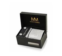 Massi Morino Cravatta Paisley Grigia e Fazzoletto da Uomo con Gemelli e Fermacravatta, Parure Set | Accessori Sposa | Cravatta Elegante con Confezione Regalo