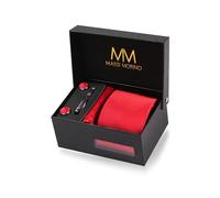 Massi Morino Cravatta Rossa con Fazzoletto da Uomo con Gemelli e Fermacravatta | Set Elegante con Scatola Regalo | Set Cravatta Uomo per Matrimonio