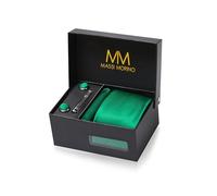Massi Morino Cravatta Verde e Fazzoletto da Uomo con Gemelli e Fermacravatta, Parure Set | Accessori Sposa | Cravatta Elegante con Confezione Regalo