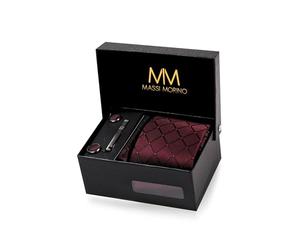 Massi Morino - Cravatte per uomo - Set di cravatta con gemelli, fazzoletto e fermacravatta, confezione regalo, accessori da uomo, per matrimonio, Vino Piazza Rossa, 150 cm