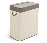 Massido Cesto portabiancheria a 2 scomparti, 100 l, con coperchio e sacco per la biancheria, in bambù, colore: bianco, grigio, 61 x 54 x 34 cm