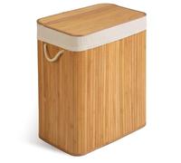Massido Cesto portabiancheria a 2 scomparti, 100 l, con coperchio e sacco per la biancheria, in bambù, colore beige, 61 x 54 x 34 cm