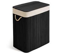 Massido Cesto portabiancheria a 2 scomparti, 100 l, con coperchio e sacco per la biancheria, in bambù, colore nero, 61 x 54 x 34 cm