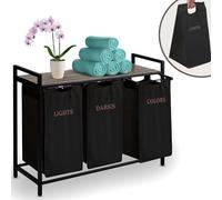 Massido Cesto portabiancheria a 3 scomparti, 120 l, con sacchetti per la biancheria e ripiano, colore nero, 93 x 72 x 32 cm