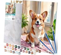 Massido Dipingere con i numeri, 40 x 50 cm, set con 3 pennelli, 30 colori gancio cane Corgi