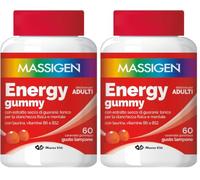 Massigen - Energy Gummy, Integratore Alimentare con Guaranà e Caffeina, Vitamine Gommose per Adulti, Gusto Lampone, 60 Caramelle, 192 g, Per Energia Fisica e Mentale (Confezione da 2)