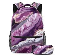 Massima comodità, set di 2 zaini per la scuola con astuccio, il tuo affidabile compagno di borsa da viaggio, texture marmo viola, Multicolore, B：29.4x20x40cm P：19x7.5x3.8cm, Zaini Daypack