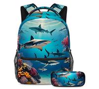 Massima comodità, set di 2 zaini per la scuola con astuccio, il tuo affidabile compagno di borsa da viaggio, simpatico squalo, Multicolore, B：29.4x20x40cm P：19x7.5x3.8cm, Zaini Daypack
