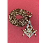 Massonico Quadrato e Bussola Placcato Oro Collo Ciondolo Con Imitazione Pietre