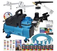 Master Airbrush Cool Runner - Compressore d'aria a doppia ventola, kit di sistema aerografico professionale con 3 aerografi, alimentazione a gravità e sifone, set di vernice acrilica da 6
