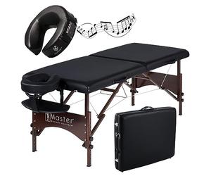 Master Massage Argo Mobile - Lettino da massaggio pieghevole, 71 cm, con gambe in legno di noce e borsa per il trasporto, colore nero, con cuscino musicale, altoparlante Bluetooth