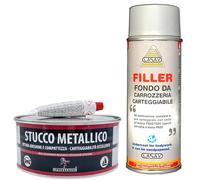 MASTERBRICO Kit Stucco Metallico 750 ml. + Stucco Spray Riempitivo 400 ml - Soluzione Completa per Riparazioni Auto, Riempimento, Levigatura, Protezione Antiruggine