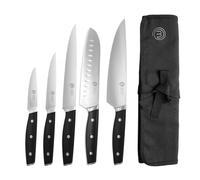 MasterChef Set Coltelli da Cucina Professionali con Borsa Coltelli Chef, Set di Coltelli da Chef, Santoku, Tritatutto, da Ufficio e per Verdure, Acciaio Inossidabile ad Alto Carbonio, 5 Pezzi
