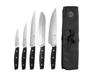 MasterChef Set Coltelli da Cucina Professionali con Borsa Coltelli Chef, Set di Coltelli da Chef, Santoku, Tritatutto, da Ufficio e per Verdure, Acciaio Inossidabile ad Alto Carbonio, 5 Pezzi