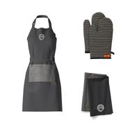MasterChef Set di Strofinacci Cucina, Grembiule et Guanti Cucina, 100% Cotone, Motivo a Righe Nero, Lavabile in Lavatrice, Resistente al Calore, Logo Ricamato