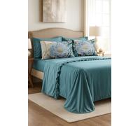 Masterhouse Completo Letto Matrimoniale Azzurro Petrolio in Cotone 250x290 Made in Italy con Lenzuolo Sotto 180x200, Volant e 4 Federe (2 Cotone + 2 Microfibra Stampa Floreale) - Anallergico