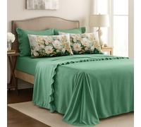 Masterhouse Completo Letto Matrimoniale Verde Salvia in Cotone 250x290 Made in Italy con Lenzuolo Sotto 180x200, Volant e 4 Federe (2 Cotone + 2 Microfibra Stampa Floreale) - Elegante e Anallergico