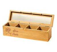 MASTERLASER3.0 Scatola Box The Porta Bustine Tisane in Bambù Personalizzato, con coperchio ed inserto in vetro - Personalizzabile con Nome, Iniziali, Data. Idea regalo