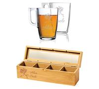 MASTERLASER3.0 Set The Personalizzato Due Tazze Tè Vetro Temperato Personalizzabili e Porta Bustine Tisane in Bambù con coperchio in legno e vetro Personalizzabile con Nome Iniziali Data Idea regalo