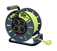 Masterplug Pro-XT Cavo di prolunga a quattro prese aperto con impugnatura di avvolgimento, taglio termico e interruttore di alimentazione, cavo ad alta visibilità da 50 metri