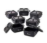 MasterPro Cook & Share - Mini cocotte quadrata con coperchio, 13,5 x 10,6 x 4,5/6,5 cm, ideale per condividere, in gres con interno ed esterno smaltato nero, adatto per lavastoviglie e forno, set di 6