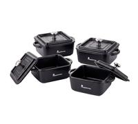 MasterPro Cook & Share - Mini cocotte quadrata con coperchio, 13,5 x 10,6 x 4,5/6,5 cm, ideale per condividere, in gres con interno ed esterno smaltato nero, adatto per lavastoviglie e forno, set di 4