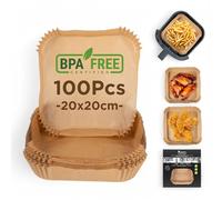 MasterPRO Foodies Carta da forno per friggitrice ad aria senza BPA Set da 100 pezzi Stampi di carta per friggitrice ad aria quadrati da 20 cm con cestello da 3-4.5 litri non sbiancati