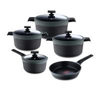 MasterPro Gastro Reeco | Set de 9 piezas | Sartén de 24 cm, 3 Cacerolas de 20, 24 y 28 cm y Cazo de 16 cm con Tapa| Aluminio Fundido Reciclado | Revestimiento Antiadherente