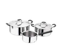 MasterPRO - Set di 5 padelle triple - 1 casseruola 16 cm - 1 casseruola con coperchio 20 cm - 1 casseruola con coperchio 24 cm - padella con manico in silicone - coperchio in acciaio inossidabile
