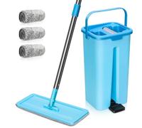 MASTERTOP Mocio Lavapavimenti e Secchio Strizzatore, Mocio Piatto Rotante e Piccolo Secchio Autolavaggio, Mop a Mani Libere in Microfibra, con 3 Tamponi Riutilizzabili (Blu Chiaro)