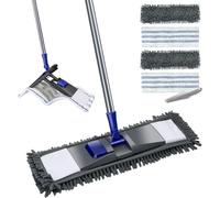 MASTERTOP Mocio Lavapavimenti in Ciniglia e Microfibra, Mocio Piatto Rotante a 360° con Manico Metallo per la Pulizia di Pavimenti Asciutti e Umidi per Legno, Laminato, Ceramica con 4 Tamponi Totali