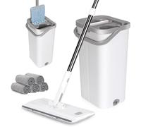 MASTERTOP Mocio Piatto Lavapavimenti in Microfibra da 140cm e Secchio Strizzatore con Mani Libere, Mocio Rotante 360°+ Secchio a 2 Scomparti, con 5 Tamponis (Bianco)