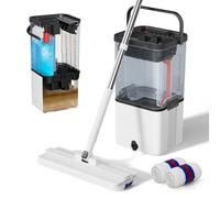 Masthome Mocio e Secchio con Strizzatore, Mocio Lavapavimenti Professionale, Mop e Secchio con Sistema di Separazione Dell'Acqua Pulita e Sporca, con 2 Panno in Fibra, per Casa, Bagno e Ufficio
