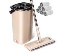Masthome Mocio Lavapavimenti e Secchio Strizzatore, Mocio Lavapavimenti Professionale, Mop Piatto con Secchio per Pavimenti, Strizzatura a Mani Libere, con 6 Panni Riutilizzabili in Microfibra