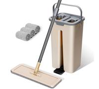 Masthome Mocio Lavapavimenti e Secchio Strizzatore, Mocio Piatto con Secchio a 2 Scomparti, Mop a Mani Libere con 3 Panni in Microfibra, Set Lavapavimenti per Pulire Pavimenti Casa (Beige)