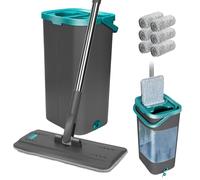 Masthome Mocio Lavapavimenti e Secchio Strizzatore, Mocio Piatto Doppio Secchio con 6 Cuscinetti in Microfibra, Mocio Rotante a 360° e Secchio per Pulizia Pavimenti in Parquet, Legno, Ceramica,Grigio