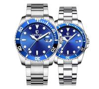 MASTOP Coppia di orologi classici in acciaio inox dorato orologio al quarzo impermeabile per lui e per lei, Argento blu, Orologio al quarzo