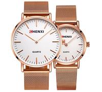 MASTOP Coppia di orologi da uomo e da donna, con cinturino in rete color oro rosa, impermeabili, (076 oro rosa/bianco), 076 Oro rosa/bianco, classico