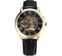 MASTOP Orologi meccanici automatici da uomo, di lusso, retrò, design cavo, in pelle, scheletro, meccanici, da uomo, Nero e oro., Meccanico