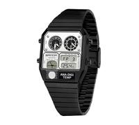 MASTOP Orologio analogico digitale retrò quadrato con display della temperatura, 3 fusi orari, retroilluminazione luminosa, impermeabile fino a 50 m, sveglia e cronometro settimana/data, Nero Tutto