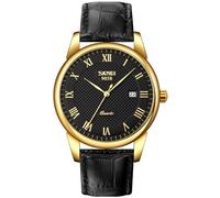 MASTOP Orologio da polso analogico al quarzo, da uomo, con numeri romani, stile casual, con calendario classico, impermeabile fino a 30 m, comodo orologio in pelle, Oro nero, Orologio al quarzo