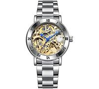 MASTOP Orologio da polso da donna, automatico, stile steampunk, a carica automatica, meccanico, argento, scheletrato, oro, Oro, Cinturino