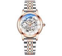 MASTOP Orologio da polso da donna con zaffiro, automatico, stile steampunk, meccanico a carica automatica, con cinturino in pelle, Acciaio Rosa Argento